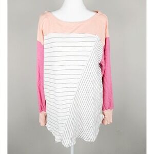 Daily Practice Tunic Top Womens L Pink Colorblock Striped Asymmetrical Hem